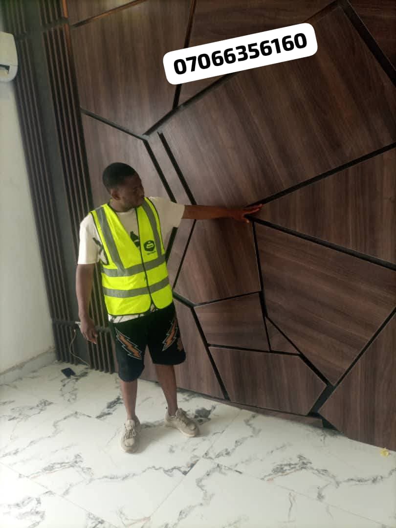 Geometric wood panel feature wall
