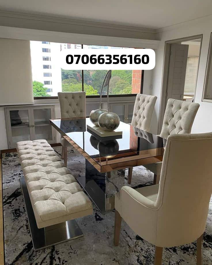 Cream tufted dining set with glass table and bench
